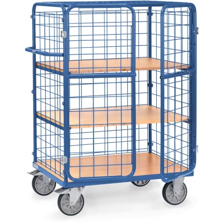 Fetra Etagenwagen mit 3 Böden, 3 Drahtgitterwänden, Dach, Flügeltüren, Höhe 1500