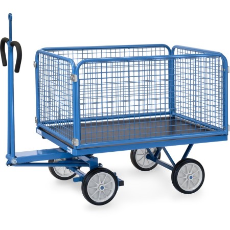 Fetra Handpritschenwagen mit 4 Drahtgitterwänden, 600 mm hoch, Vollgummibereifung, Zugöse an Deichsel