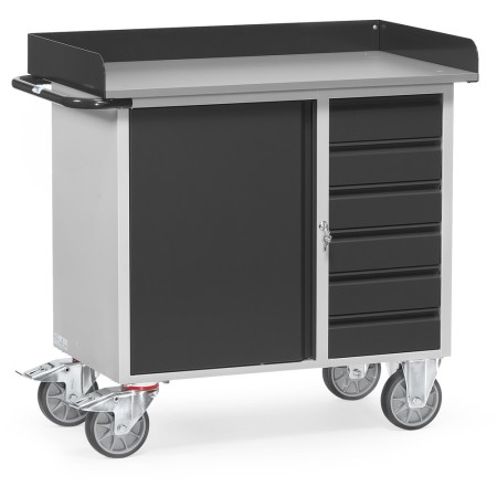 Fetra Werkstattwagen mit 1 Schrank + 6 Schubladen, Arbeitsplatte mit Abrollrand, Grey Edition