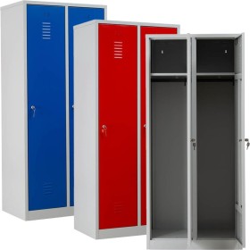 Wolfstahl Garderobenschrank Kleiderspind 2 Schliessfächer Zylinderschloss Lichtgrau - Feuerrot - Enzianblau Wolfstahl Garderobenschrank Kleiderspind 2 Schliessfächer Zylinderschloss Lichtgrau - Feuerrot - Enzianblau