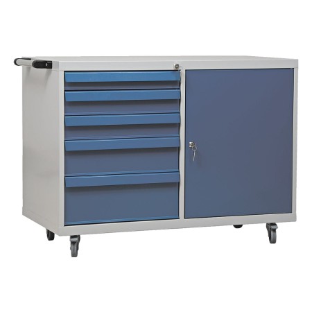 Wolfstahl Werkstattwagen mit Flügeltürenfach stahl 5 Schubladen 109x60x84cm lichtgrau - enzianblau