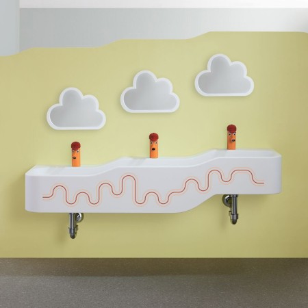 Geberit Bambini Spiel- und Waschlandschaft, 3 Waschplätze, tieferes Becken links