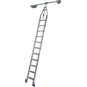 Stufen-RegalLeiter für Doppelregal mit Rundrohr-Schienenanlage, 11 Stufen Stufen-RegalLeiter für Doppelregal mit Rundrohr-Schienenanlage, 11 Stufen