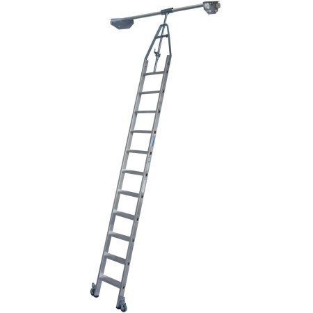 Stufen-RegalLeiter für Doppelregal mit Rundrohr-Schienenanlage, 11 Stufen