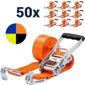 50x stk. Zurrgurt 5000kg 2-teilig 50mm – 8 m mit Druckratsche und Doppelspitzhaken – 2500daN in 5 Farben 50x stk. Zurrgurt 5000kg 2-teilig 50mm – 8 m mit Druckratsche und Doppelspitzhaken – 2500daN in 5 Farben