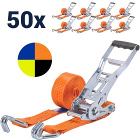 50x stk. Zurrgurt 5000kg 2-teilig 50mm – 8 m mit Langarm-Zugratsche und Doppelspitzhaken – 2500daN in 5 Farben 50x stk. Zurrgurt 5000kg 2-teilig 50mm – 8 m mit Langarm-Zugratsche und Doppelspitzhaken – 2500daN in 5 Farben