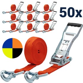 50x stk. Zurrgurt 5000kg 2-teilig 50mm – 8 m mit Langarm-Zugratsche und Sicherungszurrhaken – 2500daN in 5 Farben 50x stk. Zurrgurt 5000kg 2-teilig 50mm – 8 m mit Langarm-Zugratsche und Sicherungszurrhaken – 2500daN in 5 Farben