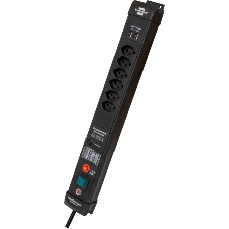 Premium-Line 60.000A Überspannungsschutz-Steckdosenleiste mit 2x USB-Ladefunktion 6-fach schwarz 3m H05VV-F 3G1,5