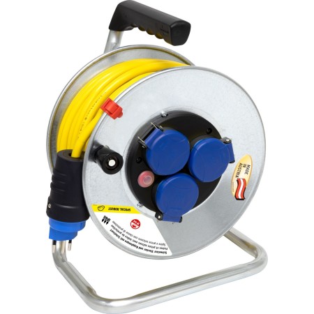 Garant SK Kabelrolle für den Einsatz im Freien 25m Kabel in gelb, Outdoor-Kabeltrommel mit Stahlblech