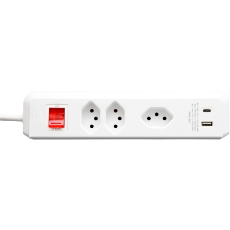 cleverLINE Steckdosenleiste mit Schalter 2+1-fach weiss, mit USB Typ-A und USB Typ-C, 2m H05VV-F 3G1.0 *CH*