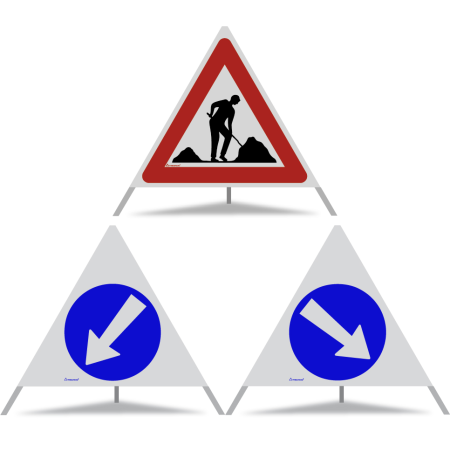 TRIOPAN Faltsignal 90 R2 Retro-reflektierend Kombi mit Etui (Baustelle - Links umfahren - Rechts umfahren)