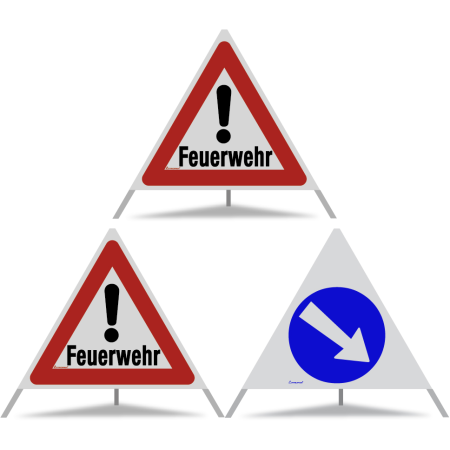 TRIOPAN Faltsignal 90 Kombi R2 Retro-reflektierend mit Etui (2x Feuerwehr - Rechts umfahren)