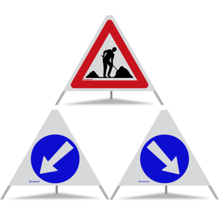 TRIOPAN Faltsignal 60 Kombi mit R2 Retro-reflektierend Etui (Baustelle - Links umfahren - Rechts umfahren)