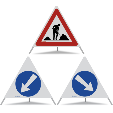 TRIOPAN Faltsignal 70 R2 Retro-reflektierend Kombi mit Etui (Baustelle - Links umfahren - Rechts umfahren)